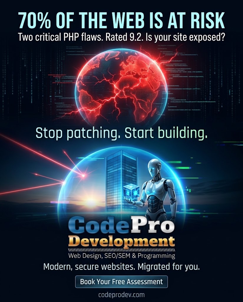 Code Pro Development campaign flyer: 70% of the web is at risk