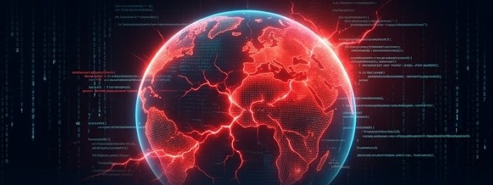 A glowing globe cracked with red warning light, surrounded by streams of code