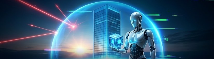 A glass tower inside a blue protective shield deflecting red lasers, with a robot holding a glowing data cube